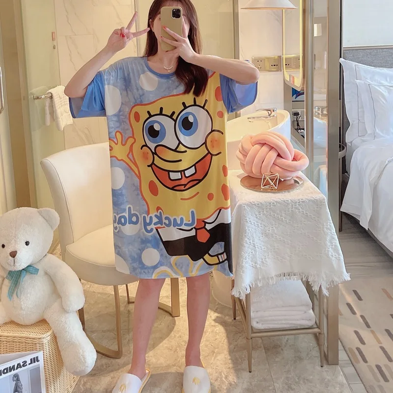 

Kawaii Cartoon Loose Nightgown Cute Sponge Bobs Y2K Spring Summer Pajamas Soft Comfortable Creative Children Gifts