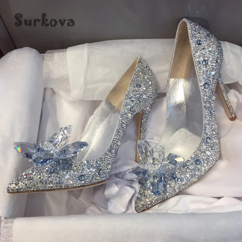 Women's Crystal Wedding Shoes Modern Pointed Toe Princess Silver Rhinestones Dress Pumps French Thin High Heels Bridesmaid Shoes