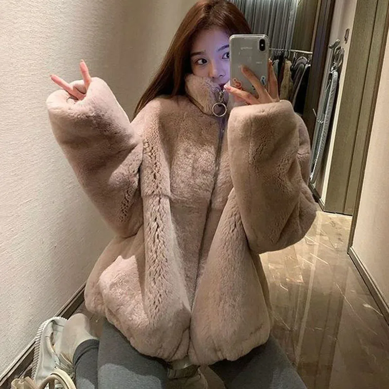 Parkas Women's Outdoors Coats Jackets 2022 Winter Faux Fur Rabbit Splicing Stand Collar Keep Warm Cardigan Casual Jacket Woman