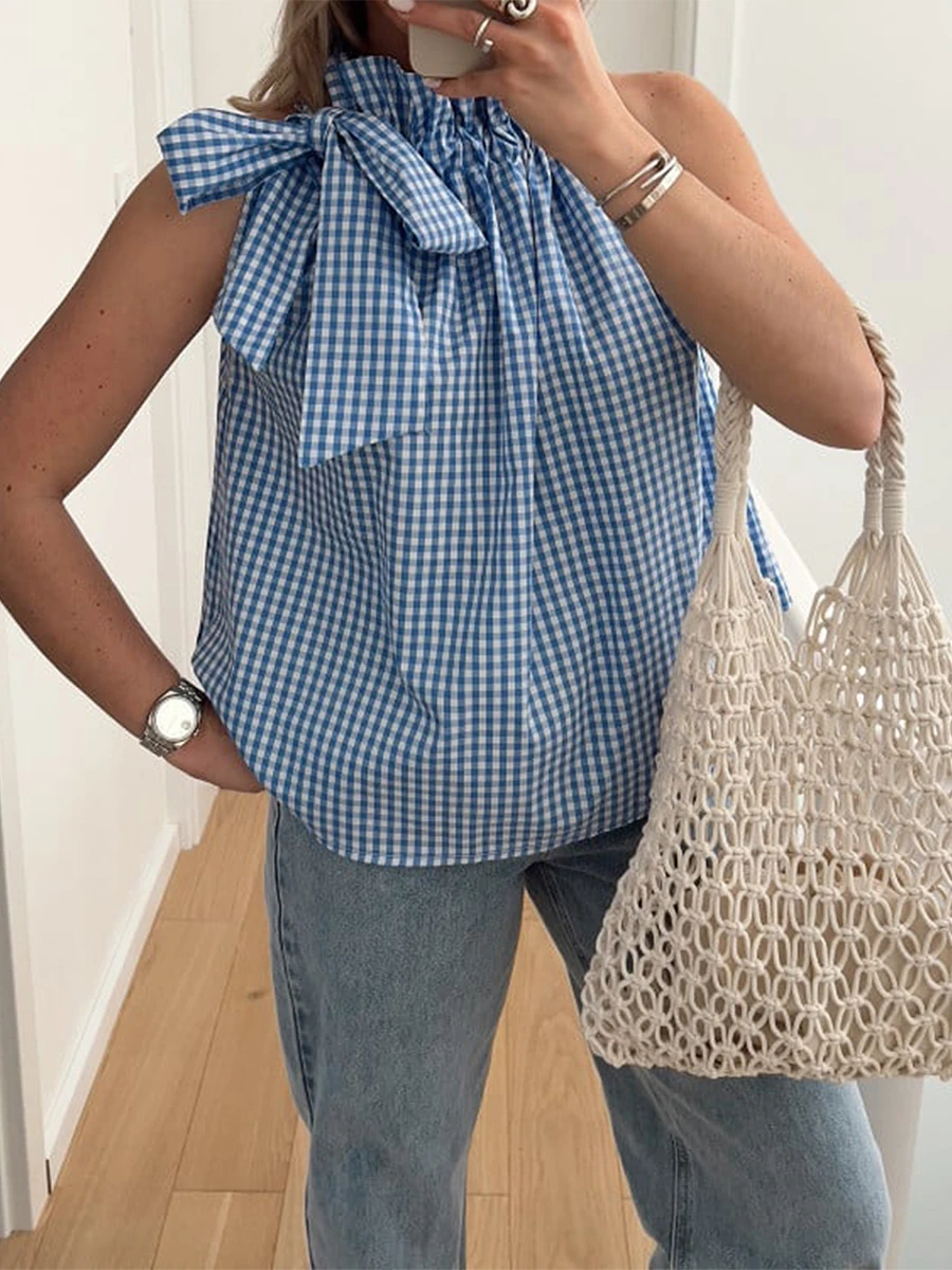 Женская майка с лямкой на шее Y2k топ ложным воротником в клетку Повседневная