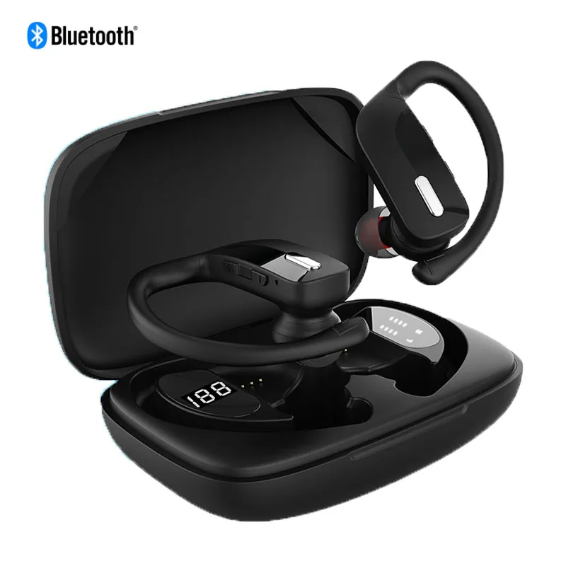 

TWS спортивные Bluetooth-наушники с микрофоном и заушным крючком, беспроводные наушники со светодиодным дисплеем, Hi-Fi стереонаушники