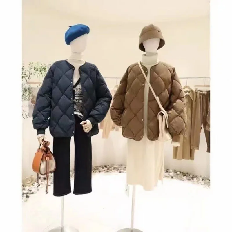 Niche Design Sense of Cotton Jacket Female Winter New Light Rhombic Plaid Bread Clothes Collarless Cotton Jacket