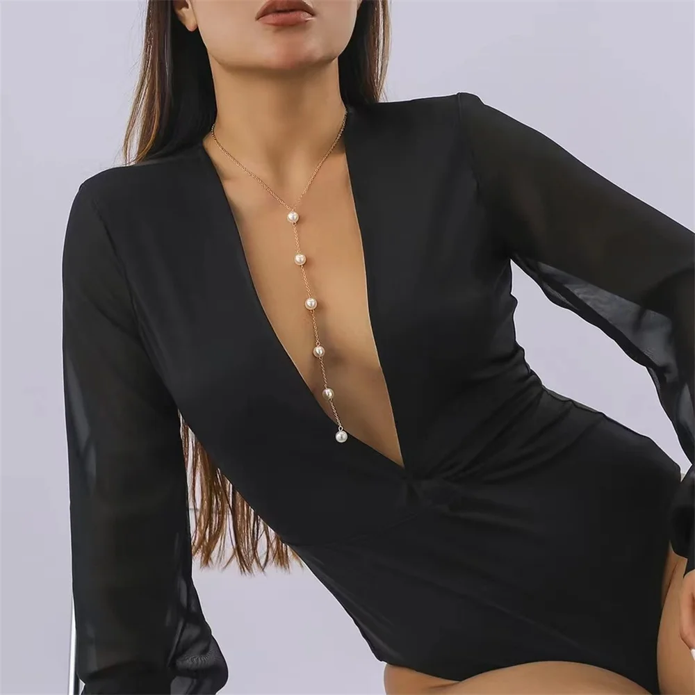 

Gothic Simple Imitation Pearl Chest Long Chain Necklace for Women Wed Bridal Kpop Bead Choker Neck Jewelry Accessories