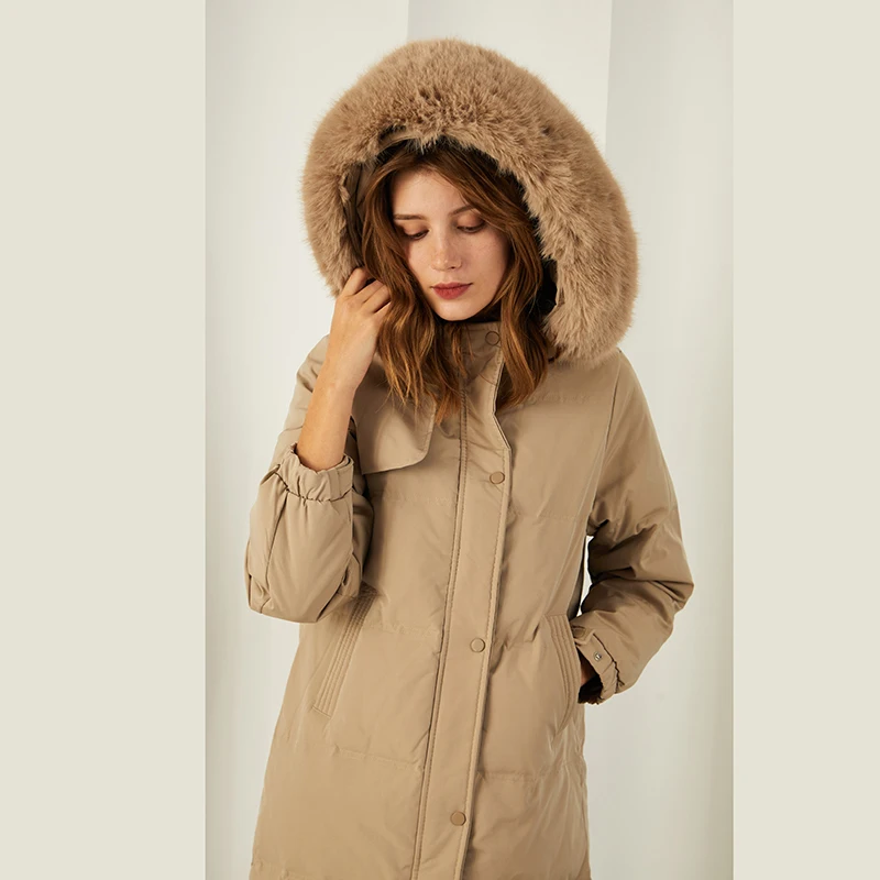 Khaki Light Brown Long Down Jacket Fur Hood Female Womens Winter Coat Thick Warm Long Real Duck Down Jacket with Fur For Women