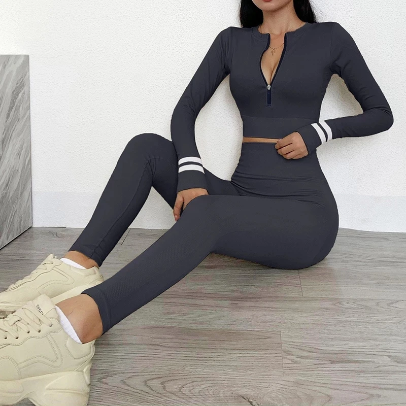 

2 Peices Women Seamless Yoga Set Long Sleeve Zipper Shirt Leggings Tight Fitness Suit Gym Running Clothing Sportswear Tracksuit