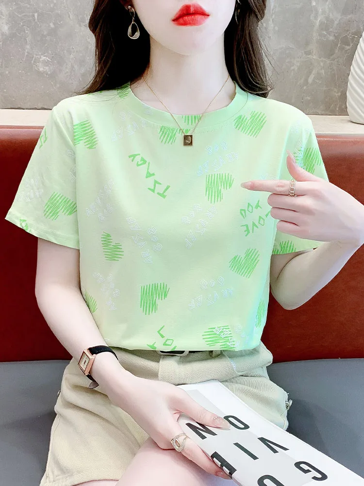 White Pure Cotton Loose Short Sleeve T-Shirt Women's 2025 Summer Slish T-shirt Heart Printed All-Matching Anti-Aging Top |