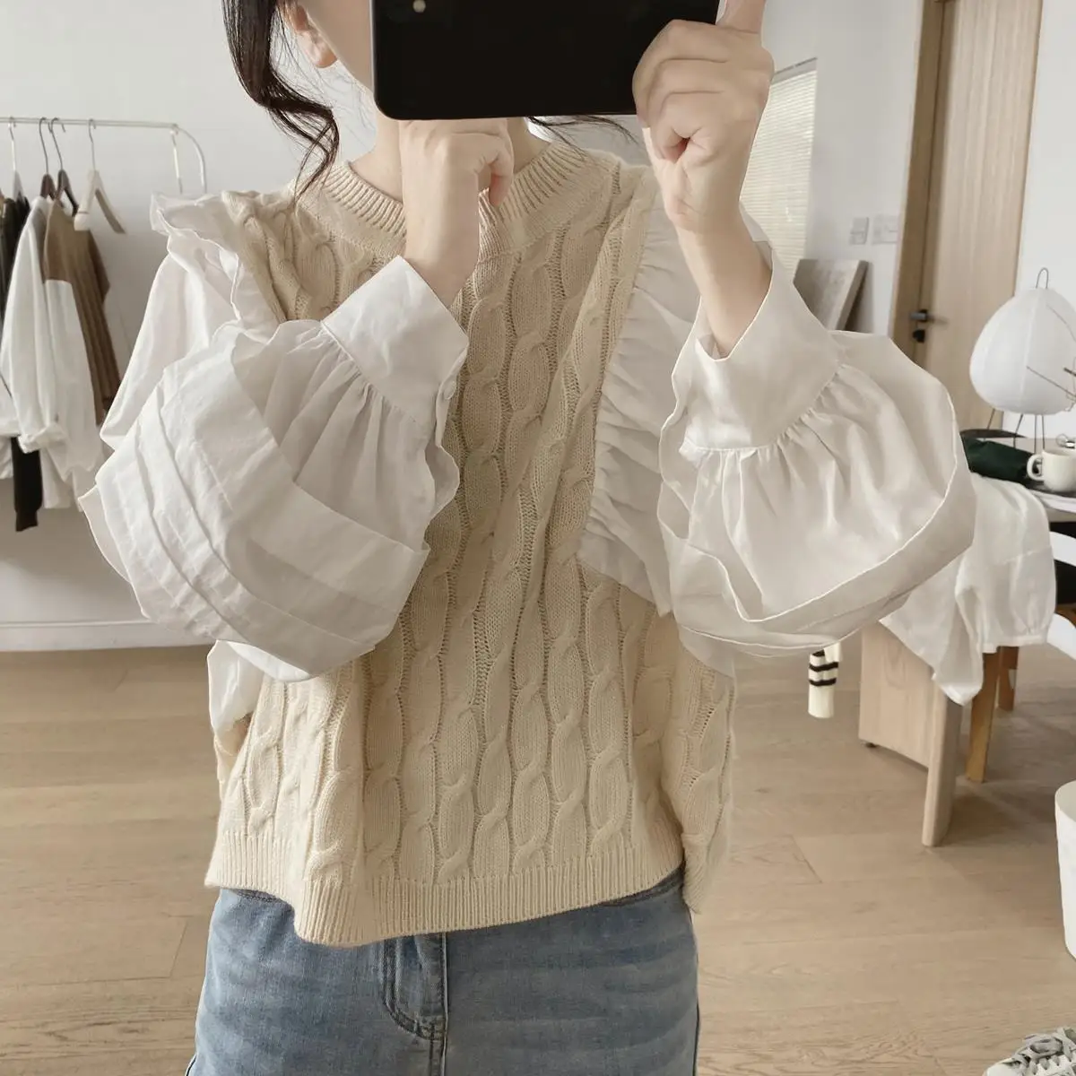 

Lantern Sleeve Shirt Women's Autumn New Knitting Oversized Patchwork Twists Fake Two Piece Flounce Tops Sweatshirt Pullovers
