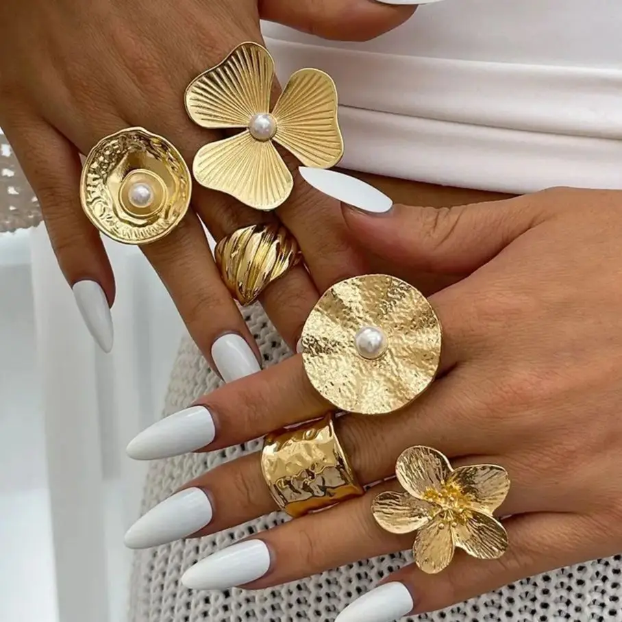 PuRui элегантное золотого цвета с цветочным открытым кольцом для женщин модные