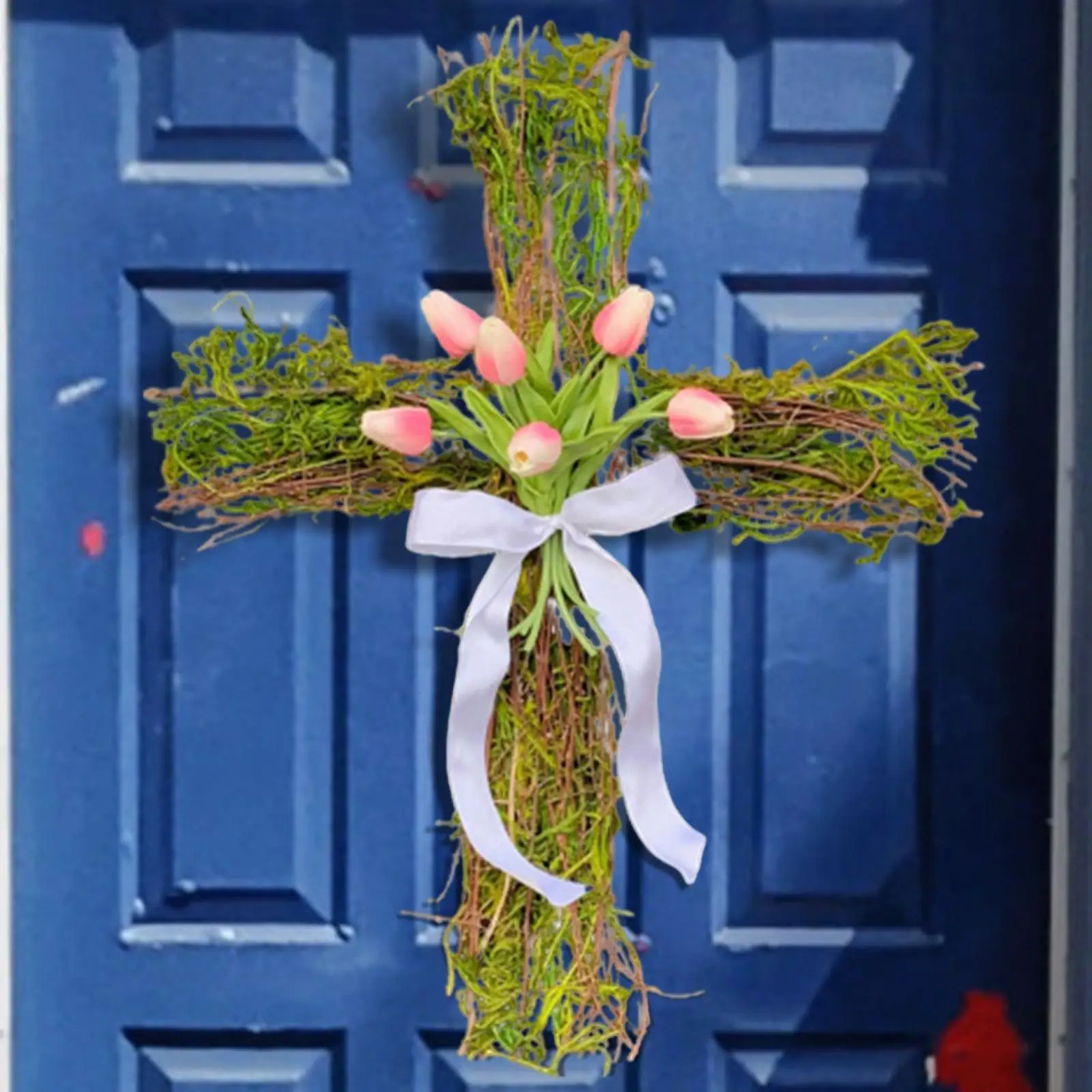 

Lord Church Cross Wreath Handmade Welcome Sign Silk Flower, Green Rattan, Bowknot for Jesus Christ Church Easter Decor Hanging