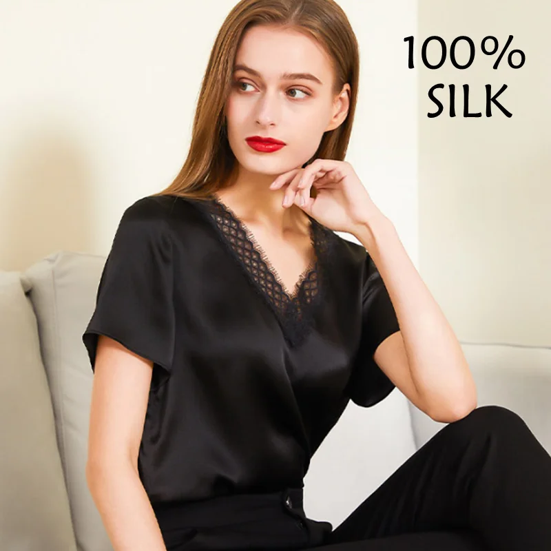 100 silk shirt top womens tops for women fashion summer shirts black satin v neck lace fashion ladies tshirt tee clothing blouse