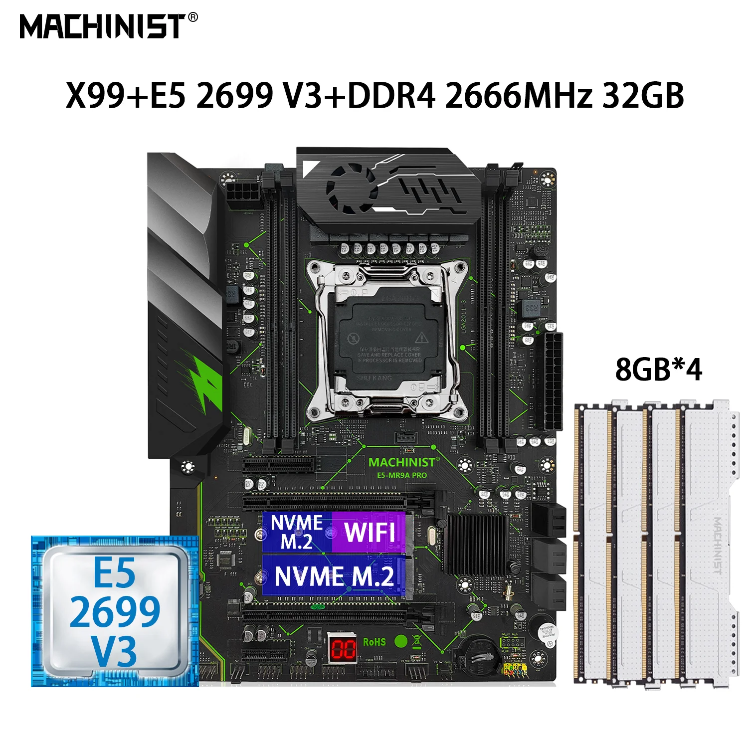 

MACHINIST X99 Kit Motherboard Set LGA 2011-3 With XEON E5 2699 V3 CPU Processor 4*8G=32G DDR4 2666MHz RAM Four Channel X99 MR9A