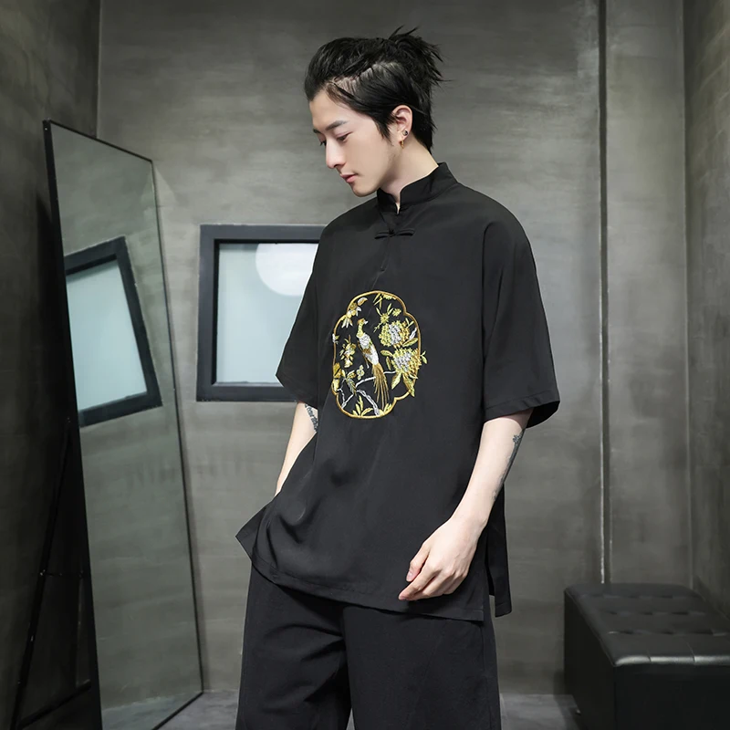 Мужская футболка с коротким рукавом летняя дышащая и тонкая вышивкой в китайском