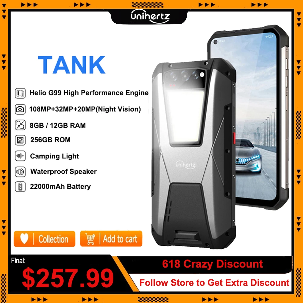 Unihertz TANK 22000mAh Rugged Smartphone Android 12 Cellphone Night Vision 108MP G99 8GB 12GB 256GB Mobile Phone