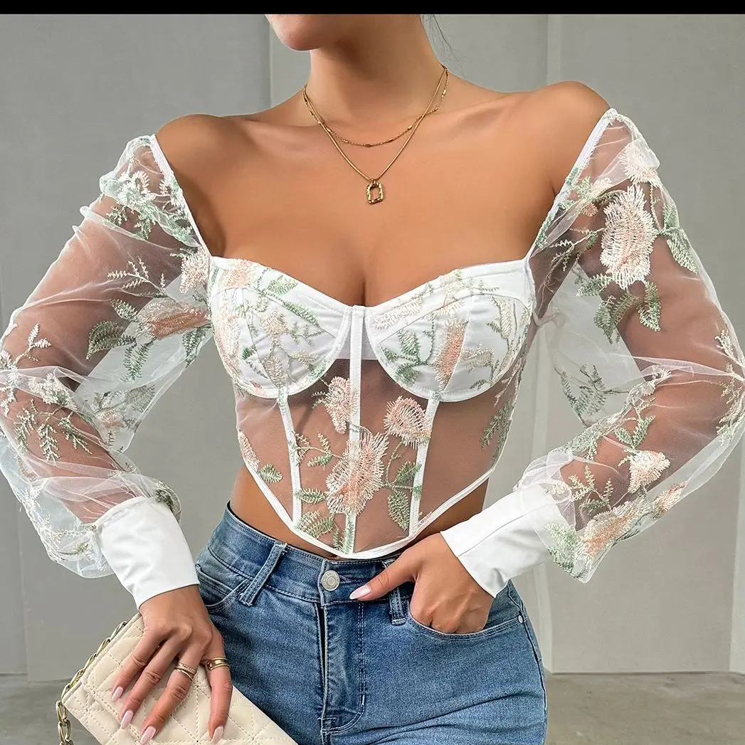 Кроп-Топ женский газовый с длинным рукавом пикантная Прозрачная майка