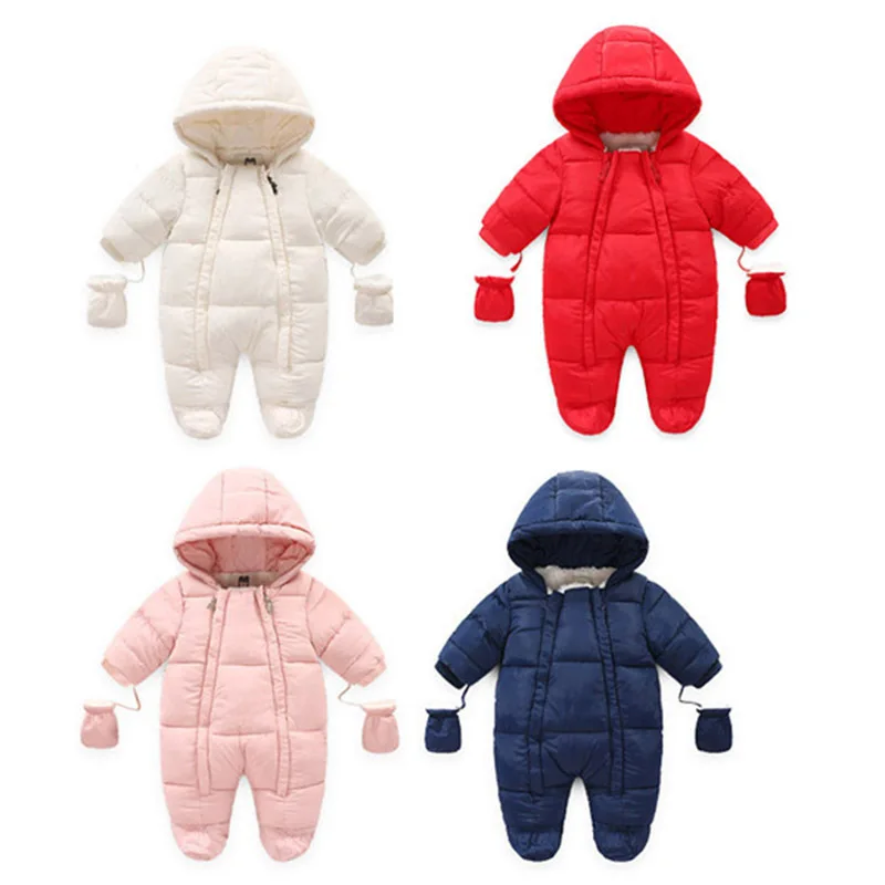 

2022 Winter Baby Girls Boys Hooded Thick Warm Fleece Rompers Infant Overalls Newborn Jumpsuit with Gloves