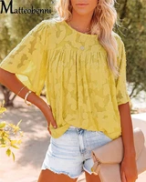 2022 spring summer womens clothing new hollow flowers shirt tops ladies casual loose trumpet short sleeve chiffon shirt blouse