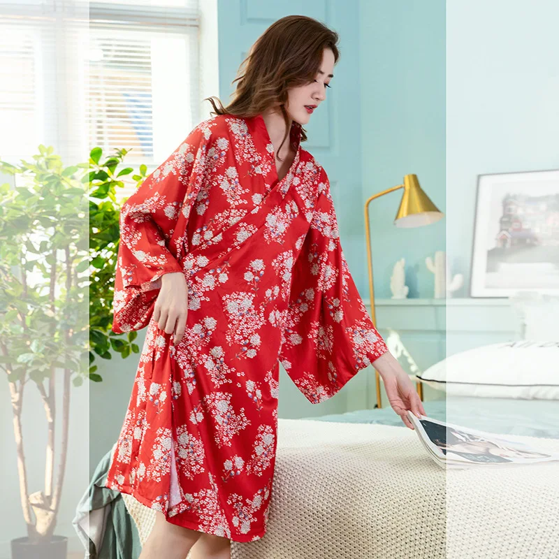 

Satin Print Floral Women's Robe Sexy V-neck Kimono Sleepwear Loose 3/4 Sleeve Nightwear Spring New Female Bathrobe Home Clothes
