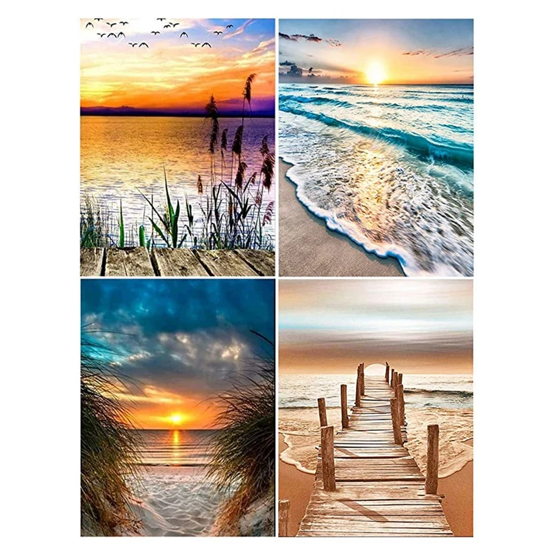 

4-Pack Beach Full Diamond Round Diamond Painting Set For Home Wall Decor 30X40cm