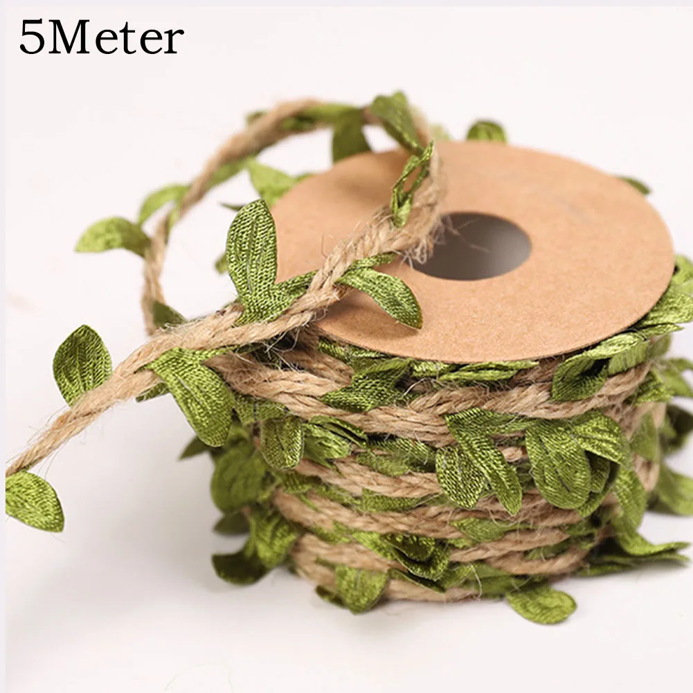 

5M Simulated Leaves Jute Burlap Rolls Ribbon For Wedding Christmas Wrapping Party Home Decor Jute Rope Garden Decoration