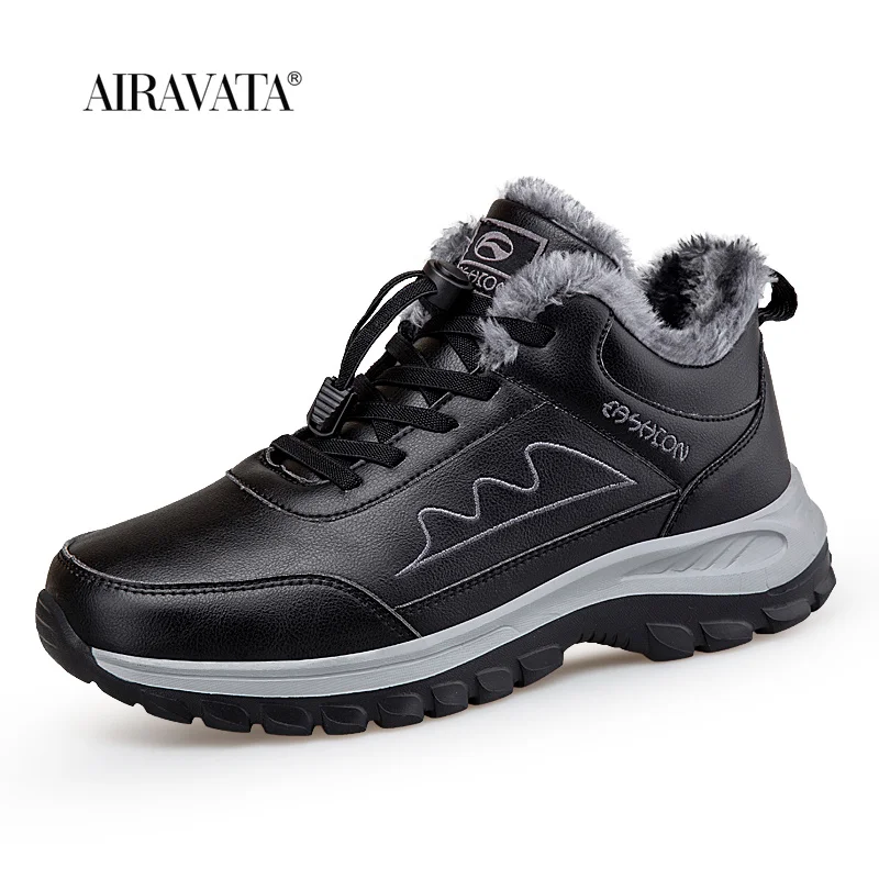 Winter Couple Plus Velvet Warm Black PU Leather Casual Shoes Women Outdoor Walking Shoes Men Waterproof Non-slip Fur Sneakers
