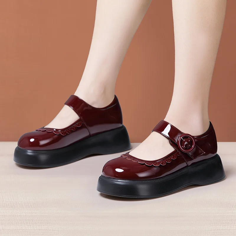 

4.5cm Small Size 32-43 British Vintage Shallow Mary Janes Platform Shoes 2023 Fall Patent Leather Pumps Med Heels Office Girls