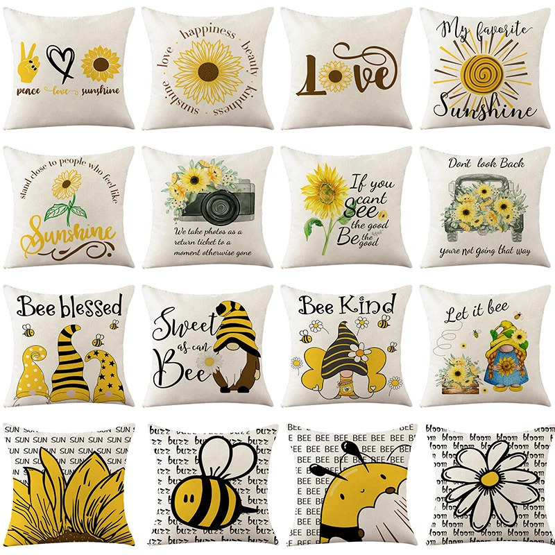 

Sunflower Bees Letter Printed Cushion Cover Farmhouse Home Decorative Pillow Cover Cartoon Flowers Linen Pillowcase for Summer