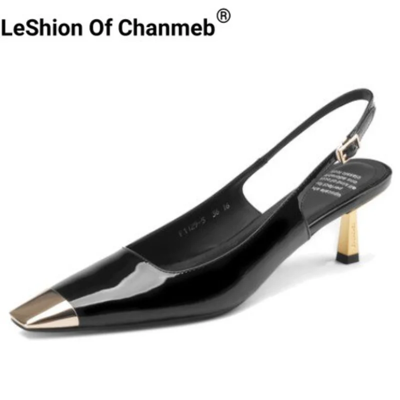 

LeShion Of Chanmeb Women Slingback Patent Leather Heel Shoes High-heeled Metal Square Toe Pumps Buckle Strap Office Lady Pump 42