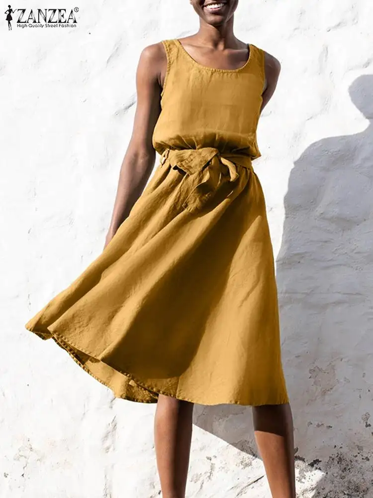 

ZANZEA Summer Sleeveless Solid Dress Sarafans Women Elegant Bleted OL Work Sundress Loose Knee-length Vestido Beach Robe Femme