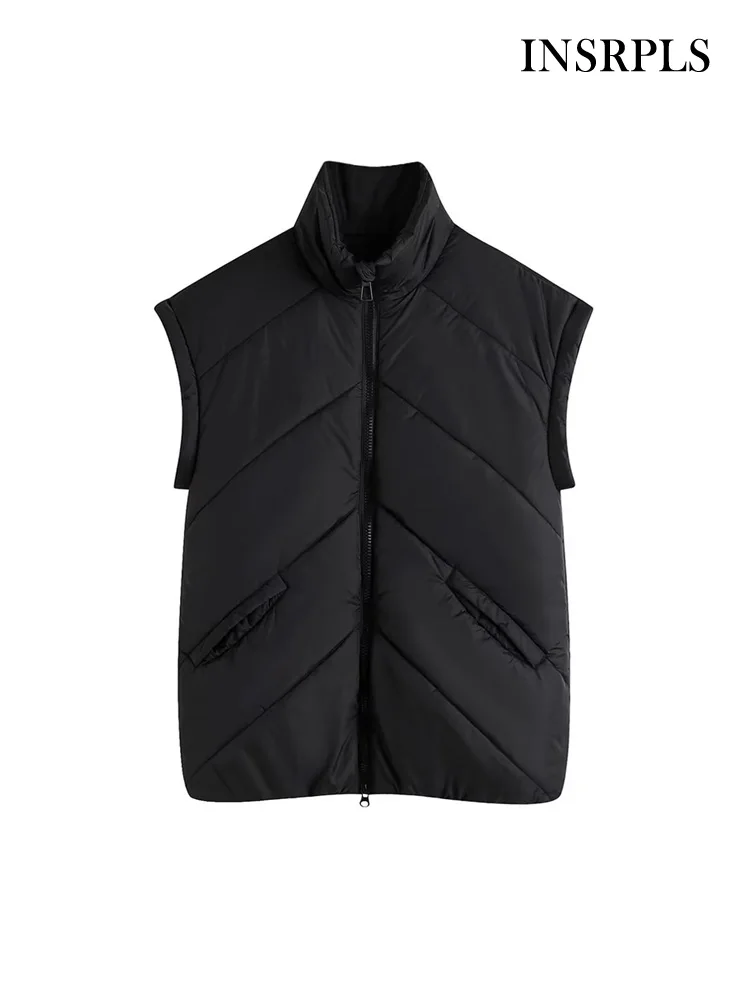 

INSRPLS Women Fashion Thick Warm Oversized Padded Waistcoat Vintage High Collar Front Zipper Female Outerwear Chic Vest Tops