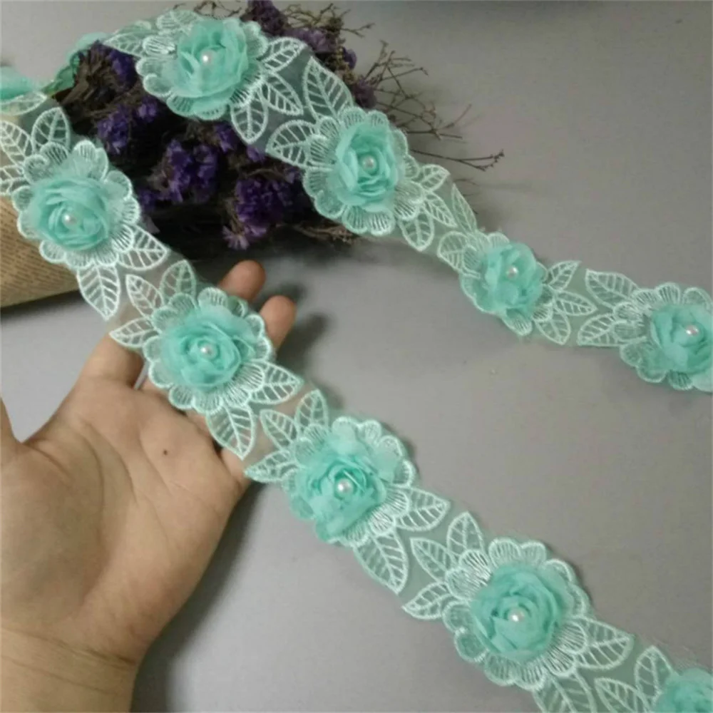 2-ярдовая растворимая зеленая роза с жемчугом и шифоном вышитая кружевная бейка