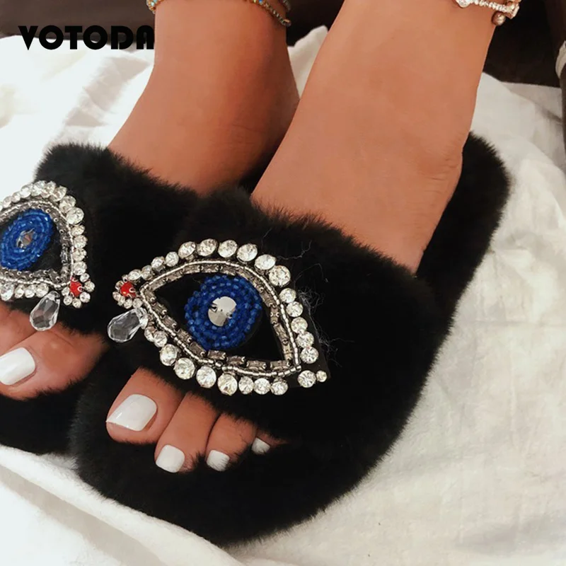Winter Plush Slippers Women Shoes Luxury Rhinestone Eyes Cotton Home Flat Slides Furry Warm Flip Flops Anti-slip Slippers 35-42