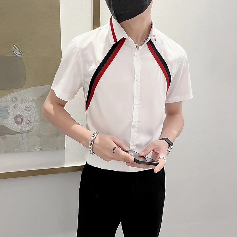 Рубашка мужская в полоску брендовая винтажная приталенная с коротким рукавом