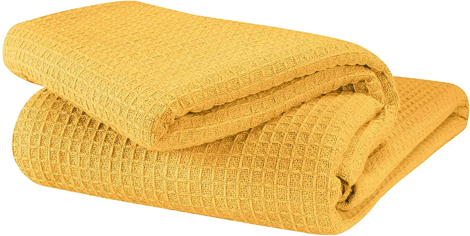 

100% Cotton Thermal Blanket Breathable Bed Blanket Twin Size Soft Waffle Blanket Twin Blanket All Season Cotton Blanket Mustard