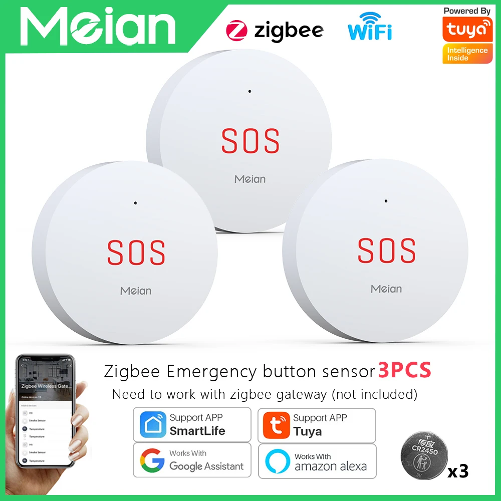 Enlarge 3PCS Tuya Zigbee SOS Button Emergency Button Work With Smart Life/Tuya APP Security Protection for the Elderly,Children(Need Hub
