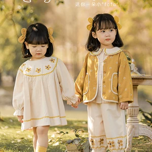Girls' Sweet Floral Jacquard Spring Coat Baby Children Lapel Shirt Exquisite Embroidered Dress in India