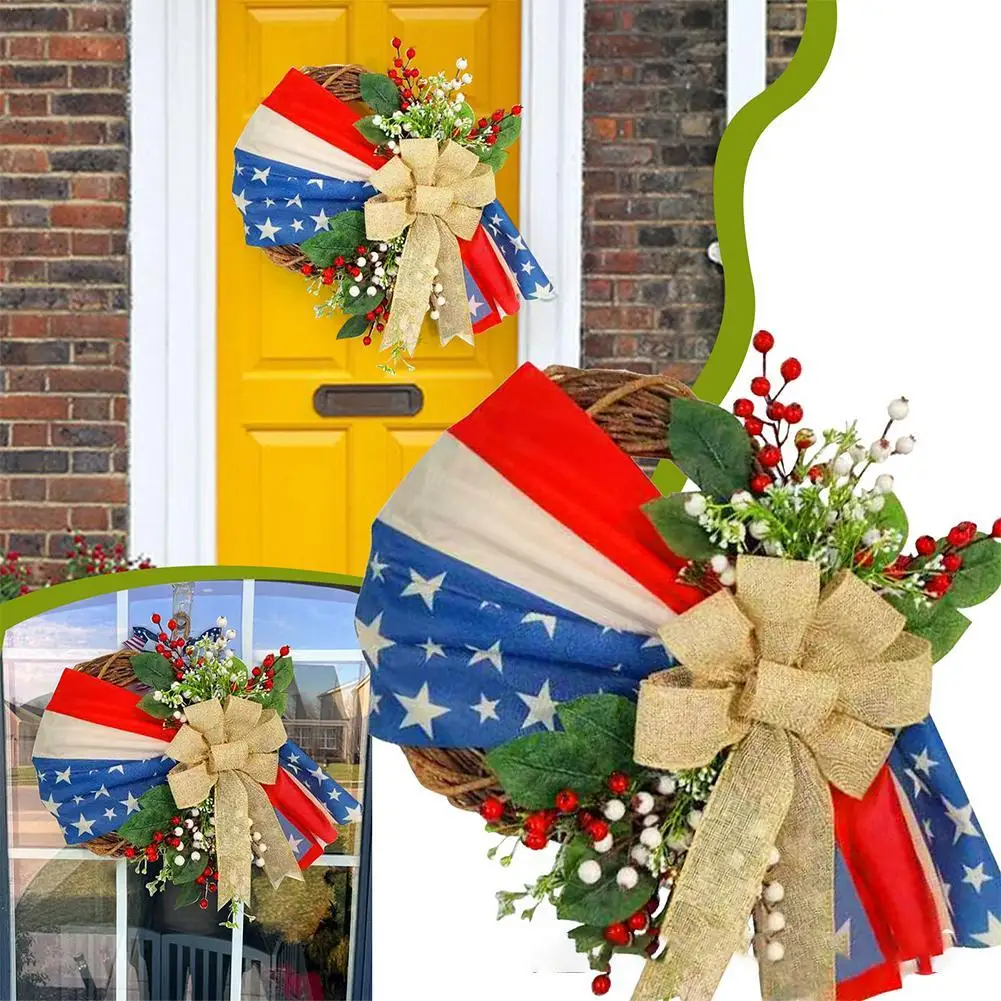 

2023 Independence Day Wreath For Front Door Rose Wreath National Ornament Home HolidayWindow Decoration Prop