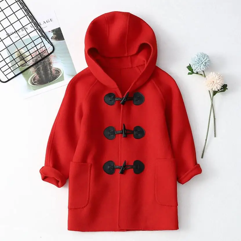 

Girls Double-Sided Cashmere Coat New Children's Hooded Red Woolen Overcoat Loose Teen Kids Woolen Jacket L1843