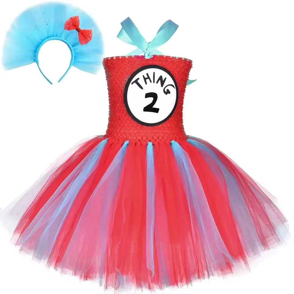 Фото Костюмы Thing 1 и Thing 2, синее, красное платье-пачка Dr Seuss, одежда для маленьких девочек, платье принцессы на Хэллоуин, день рождения, От 1 до 14 лет №2