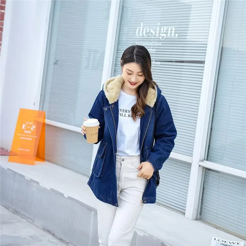 2023 Autumn Winter Women Warm Fleece Thickened Coat Jacket Denim Hooded Coat Denim Cotton Jacket Female Chic Outwear Top Clothe