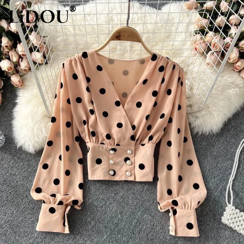

Spring Summer Korean Fashion V-neck Polka Dot Print Shirt Ladies Lantern Long Sleeve Waist Buttons Blouse Top Women's Clothing