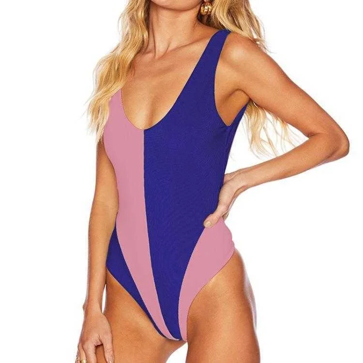 

Слитный сексуальный купальник, контрастный женский купальник из Рубчатой Ткани в стиле пэчворк