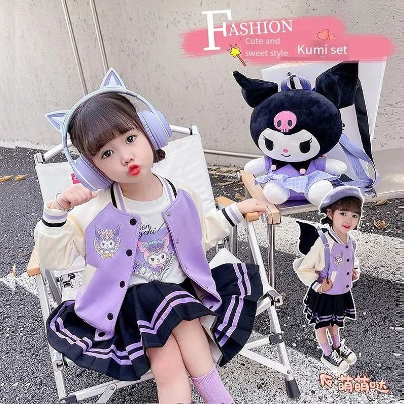 

3Pcs New Sanrio Kuromi Girl Fashion Coat Long Sleeved T-Shirt Pleated Skirt Y2K Casual Baseball Jacket Cute Kids Clothes Gift