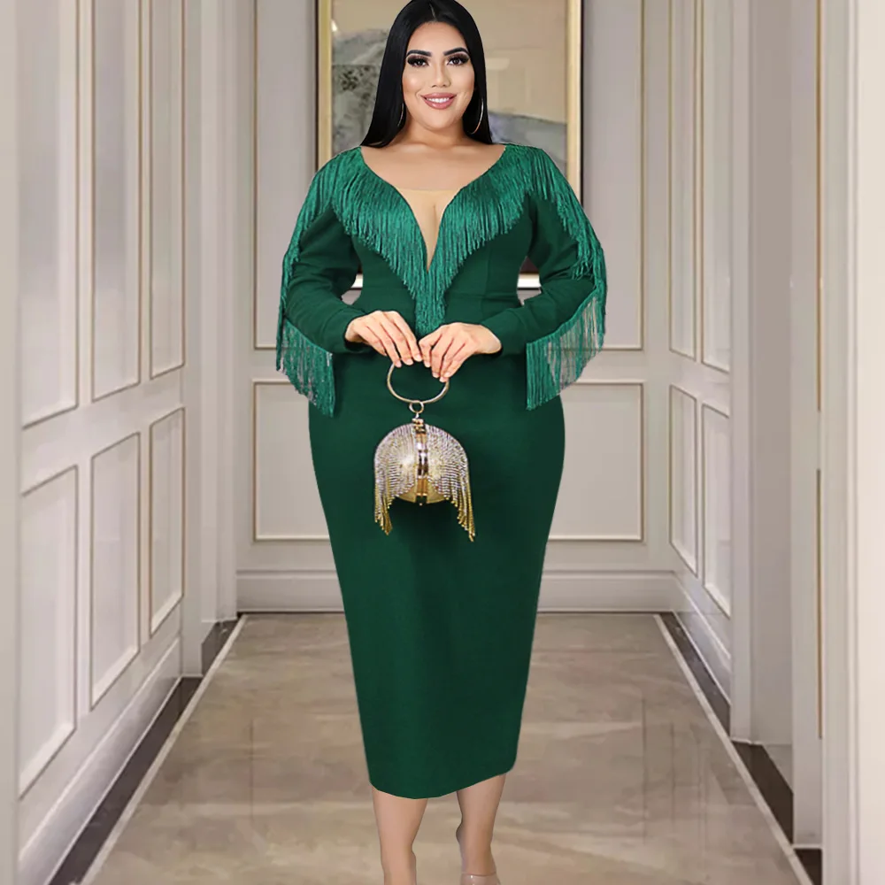 

Женское вечернее платье с V-образным вырезом, зеленое прозрачное Сетчатое платье с бахромой и длинным рукавом, элегантное вечернее облегающ...