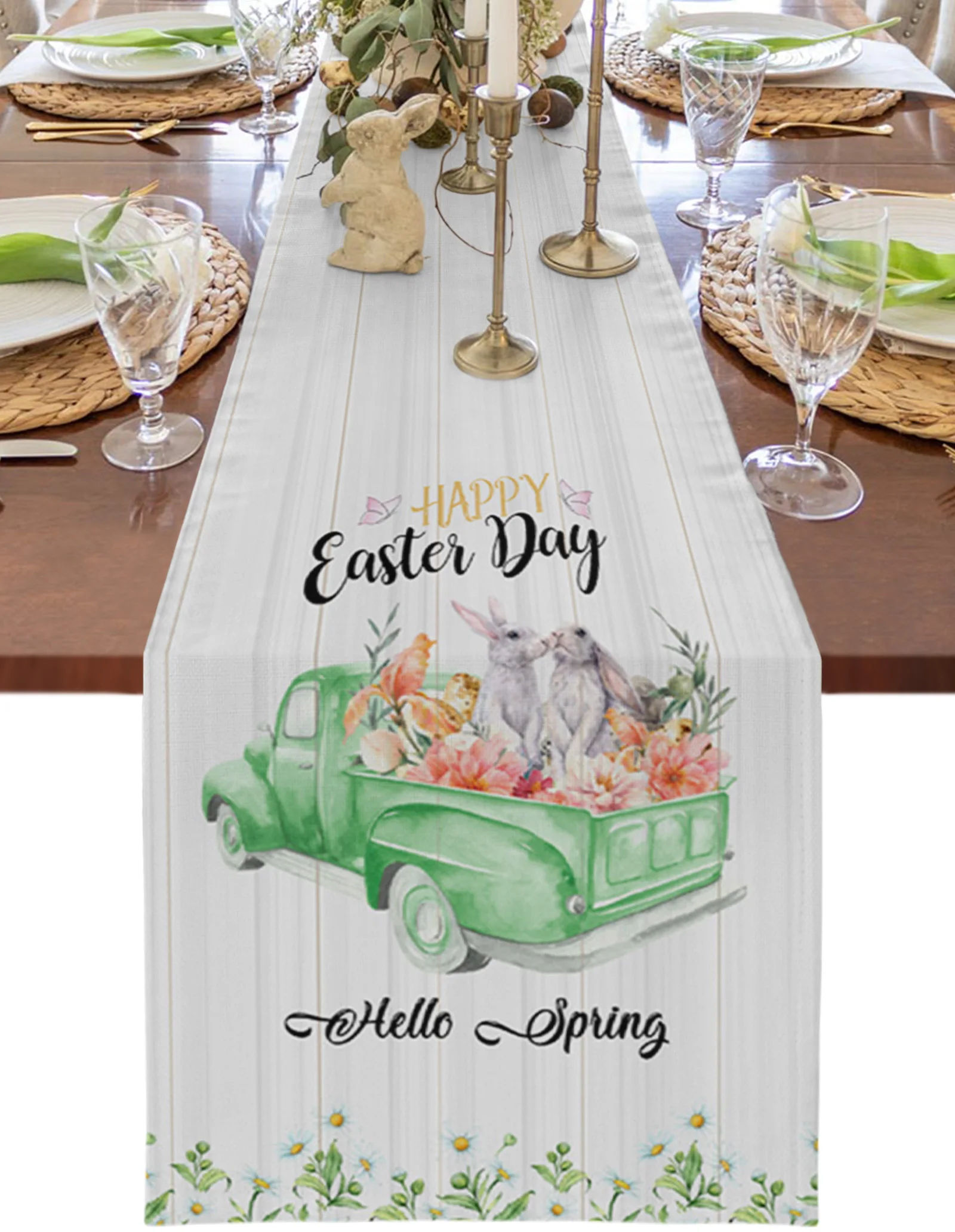 

Пасхальный кролик грузовик цветок Маргаритка настольная дорожка деревенский Декор скатерти настольные коврики для обеденного стола 2023 Декоративная скатерть для стола