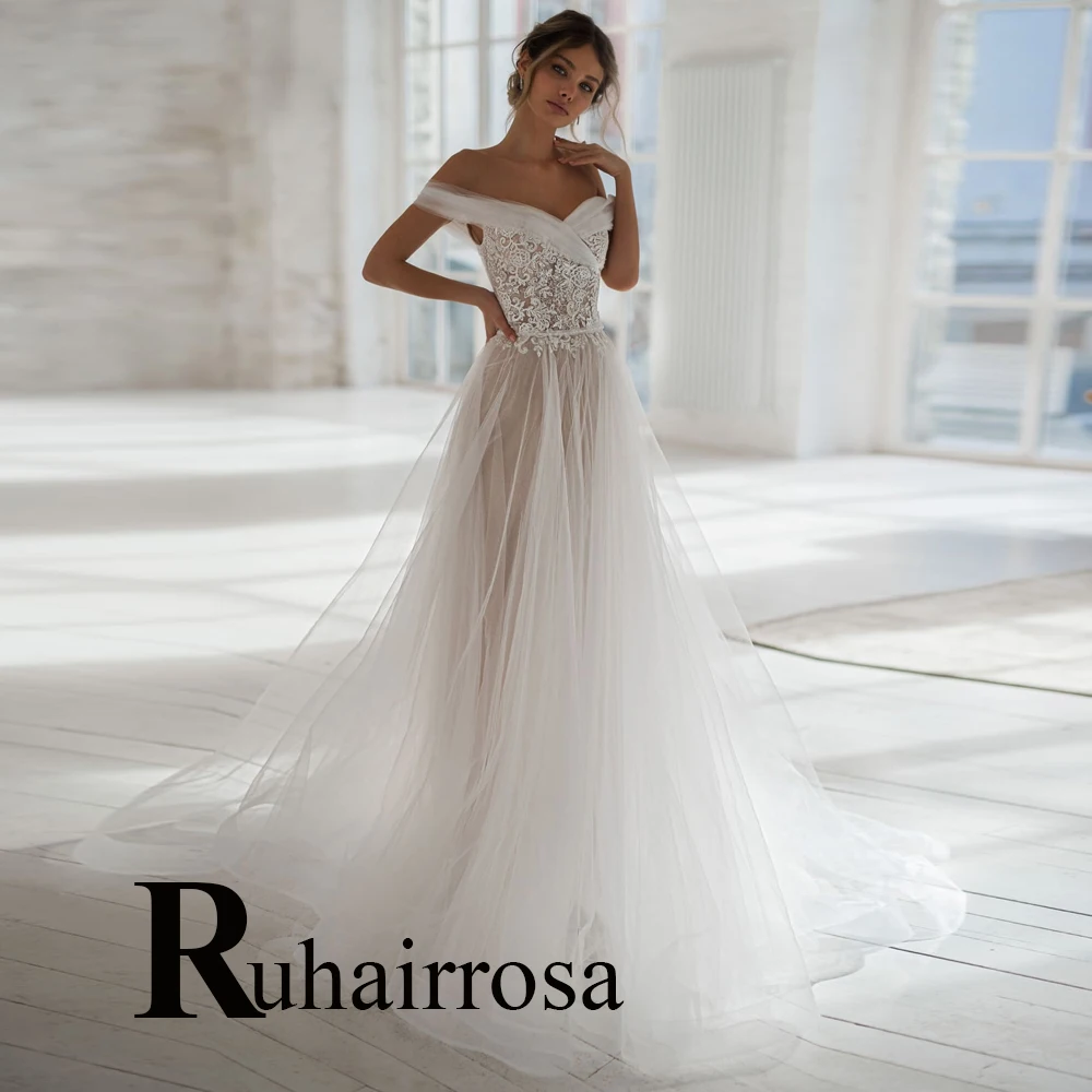 

Ruhair Simple Beading Pearls Strapless Wedding Dresses Criss-Cross For Women Appliques Lace Vestidos De Novia Formal Brides Gown