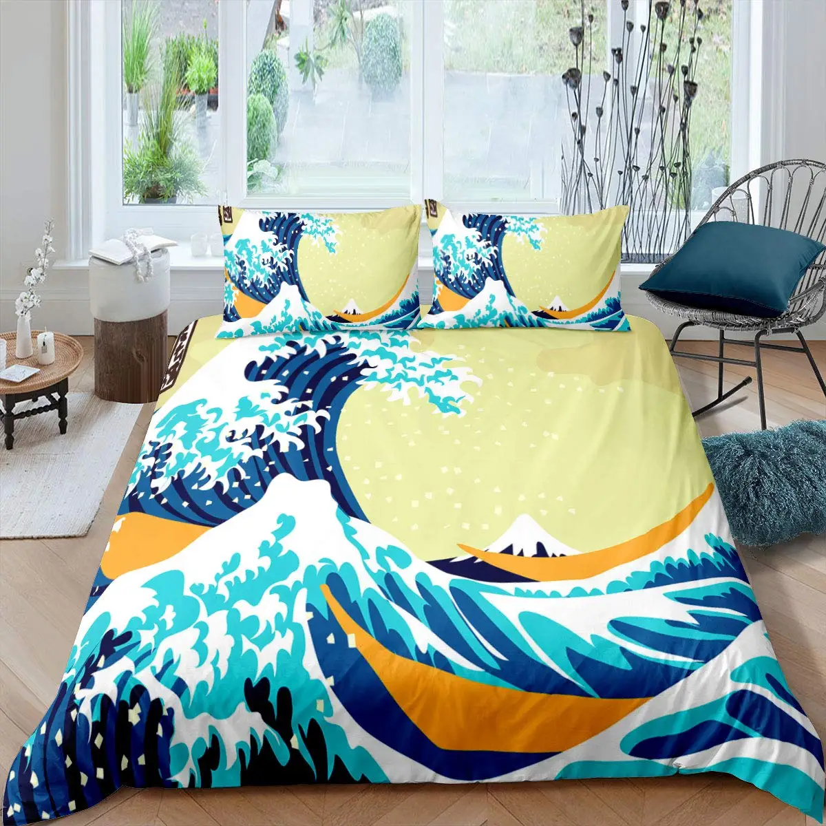 

Bedding Set Japanese Ukiyo-e Comforter Cover Exotic Navy Blue Polyester Quilt Cover Ocean Wave King Queen Duvet Cover Red Sun