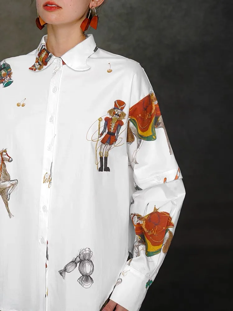 Женская рубашка/блузка из хлопка белая Свободная с круглым вырезом и