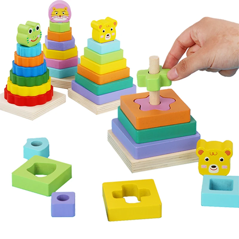 

Rainbow Tower Blocks Toys Montessori Geometric Shape Blocks Nesting Stacking Games Early Educational Wooden Puzzle Toys For Kids