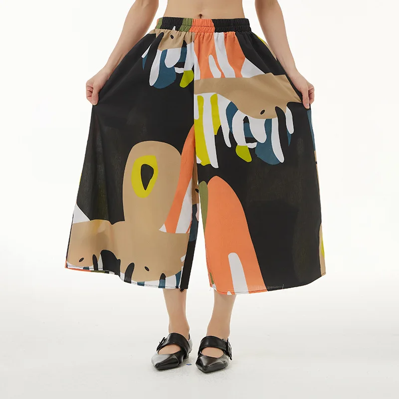 

Johnature Summer Fashion Abstract Graffiti Print Wide Leg Pants 2023 New Casual All Match Elastic Waist Ankle-length Women Pants