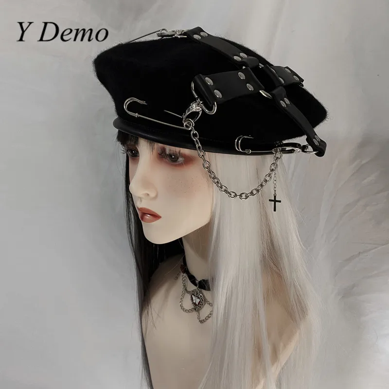 Y Demo Gothic Handmade Pu Cross Buckles Movable Pins Women's Beret Punk Hat Grunge